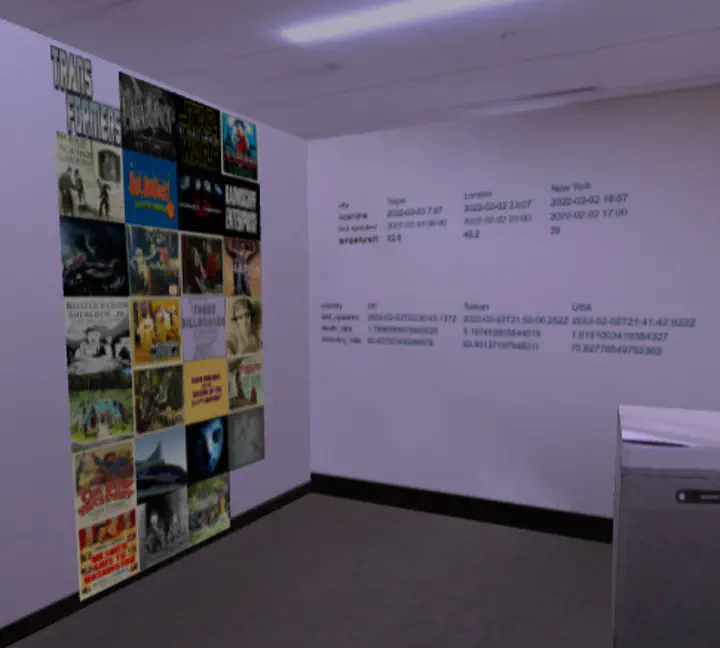 AR posters and data on hall walls in VR