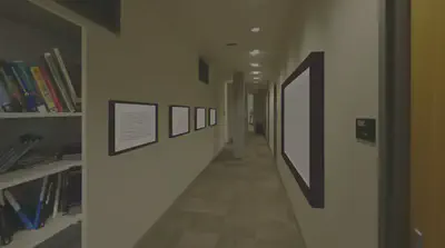 VR hallway with framed drawings