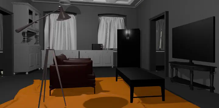 computer graphics VR apartment: chair, lamp, TV, fridge