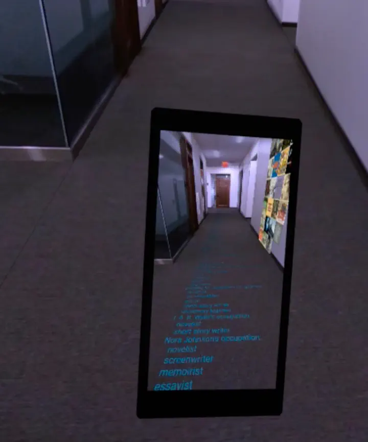 virtual hallway with virtual smartphone showing AR text