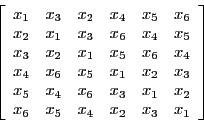 \begin{displaymath}
\left[
\begin{array}{cccccc}
x_{1} & x_{3} & x_{2} & x_{4...
...x_{5} & x_{4} & x_{2} & x_{3} & x_{1}%
\end{array}%
\right]
\end{displaymath}