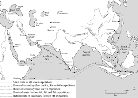 Zheng He's seven expedition routes